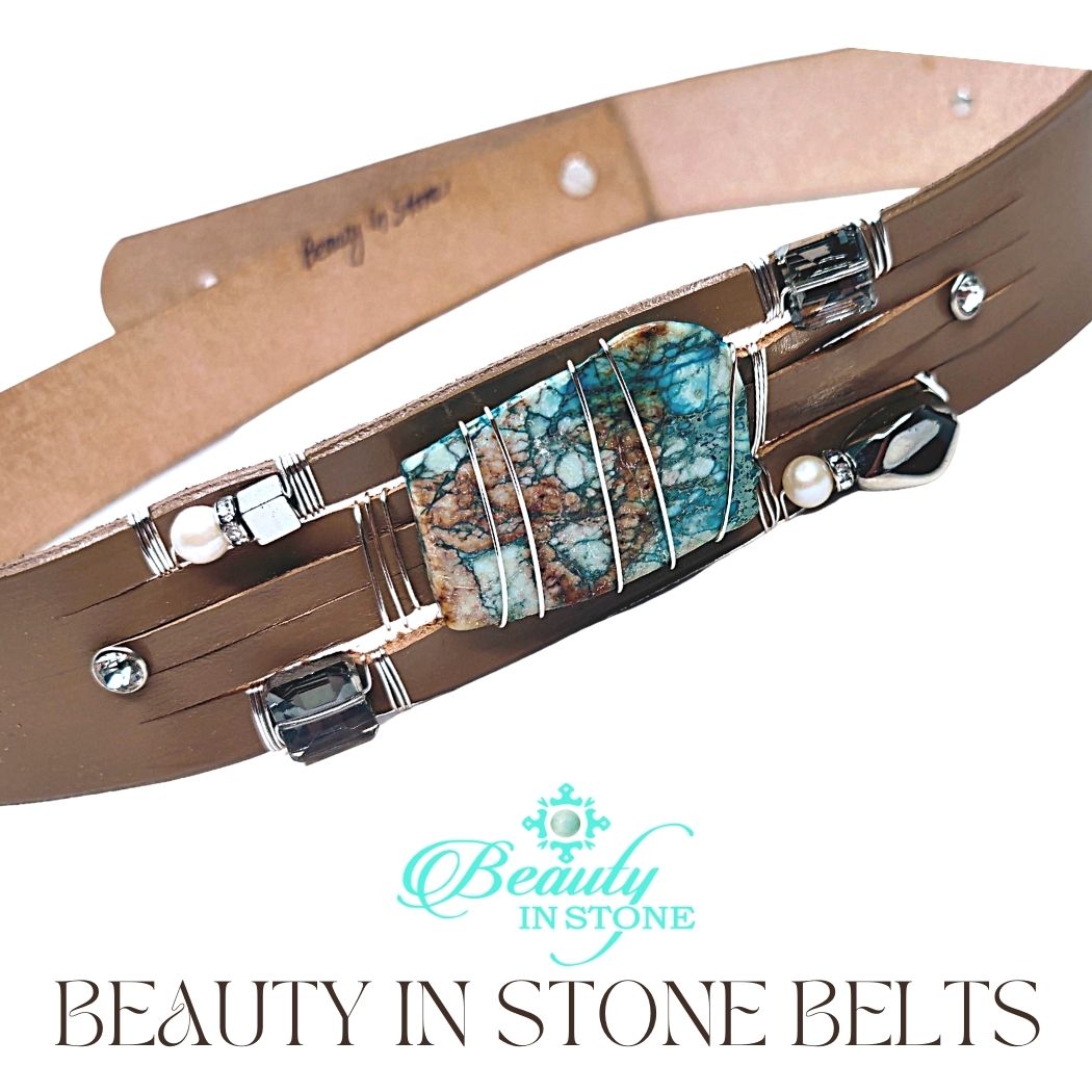 Handmade Leather Belt With Rhinestones, Gemstone, Ocean Jasper, Beauty In Stone Jewelry at $199