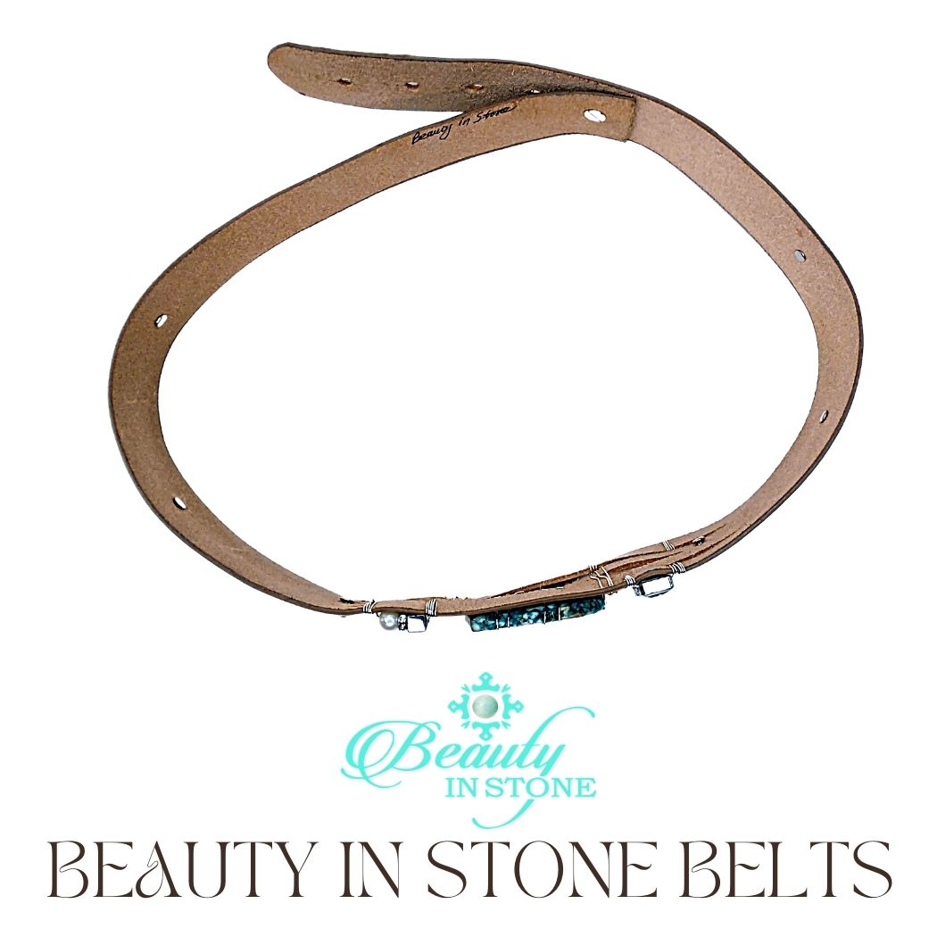 Handmade Leather Belt With Rhinestones, Gemstone, Ocean Jasper, Beauty In Stone Jewelry at $199