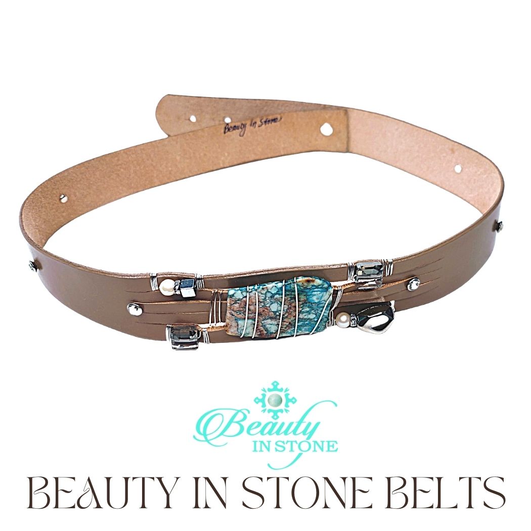 Handmade Leather Belt With Rhinestones, Gemstone, Ocean Jasper, Beauty In Stone Jewelry at $199