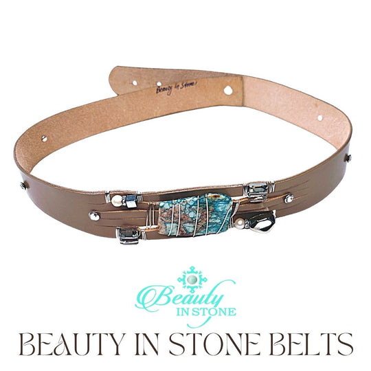 Handmade Leather Belt With Rhinestones, Gemstone, Ocean Jasper, Beauty In Stone Jewelry at $199