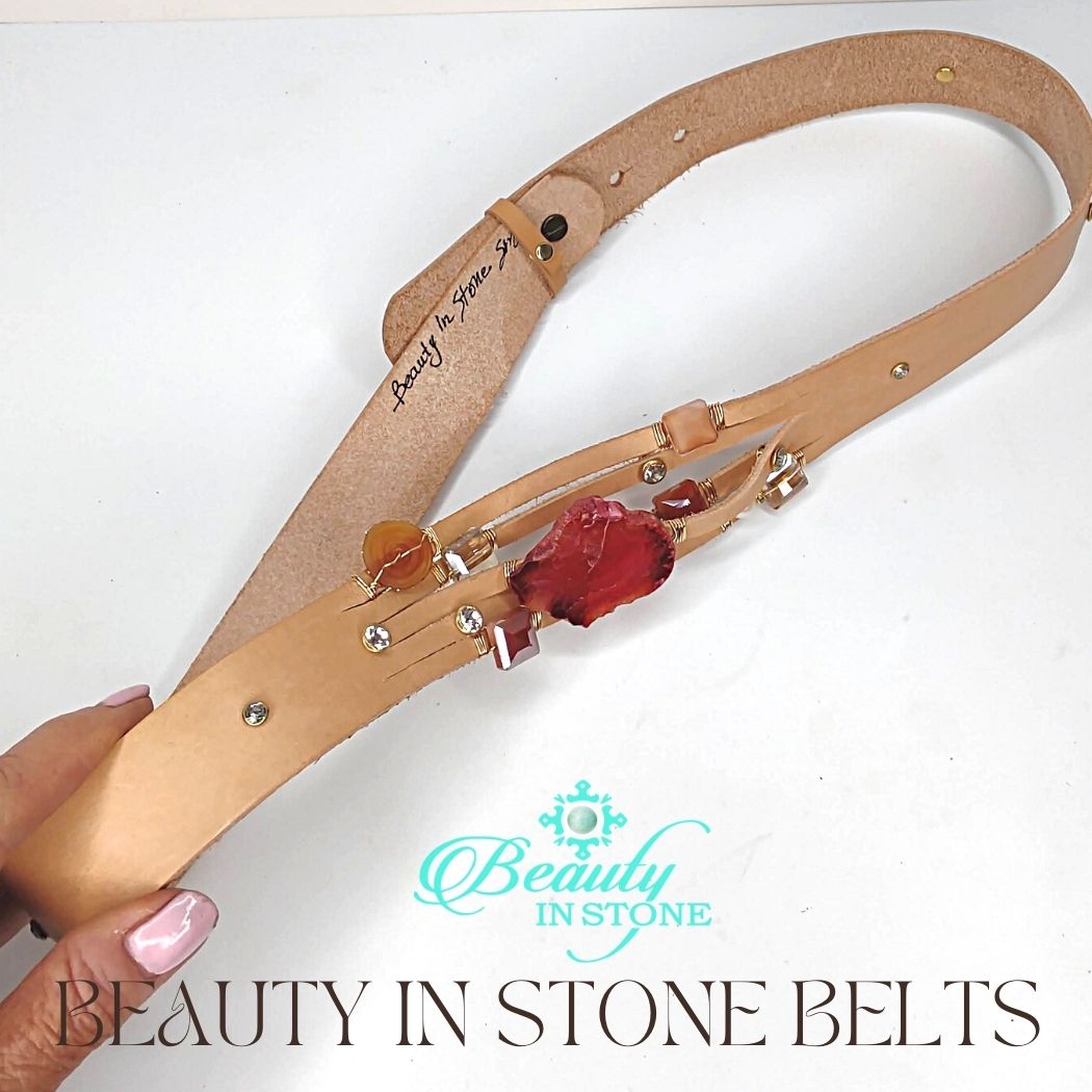 Handmade Leather Belt With Rhinestones, Gemstone, Pink Agate, Beauty In Stone Jewelry at $199