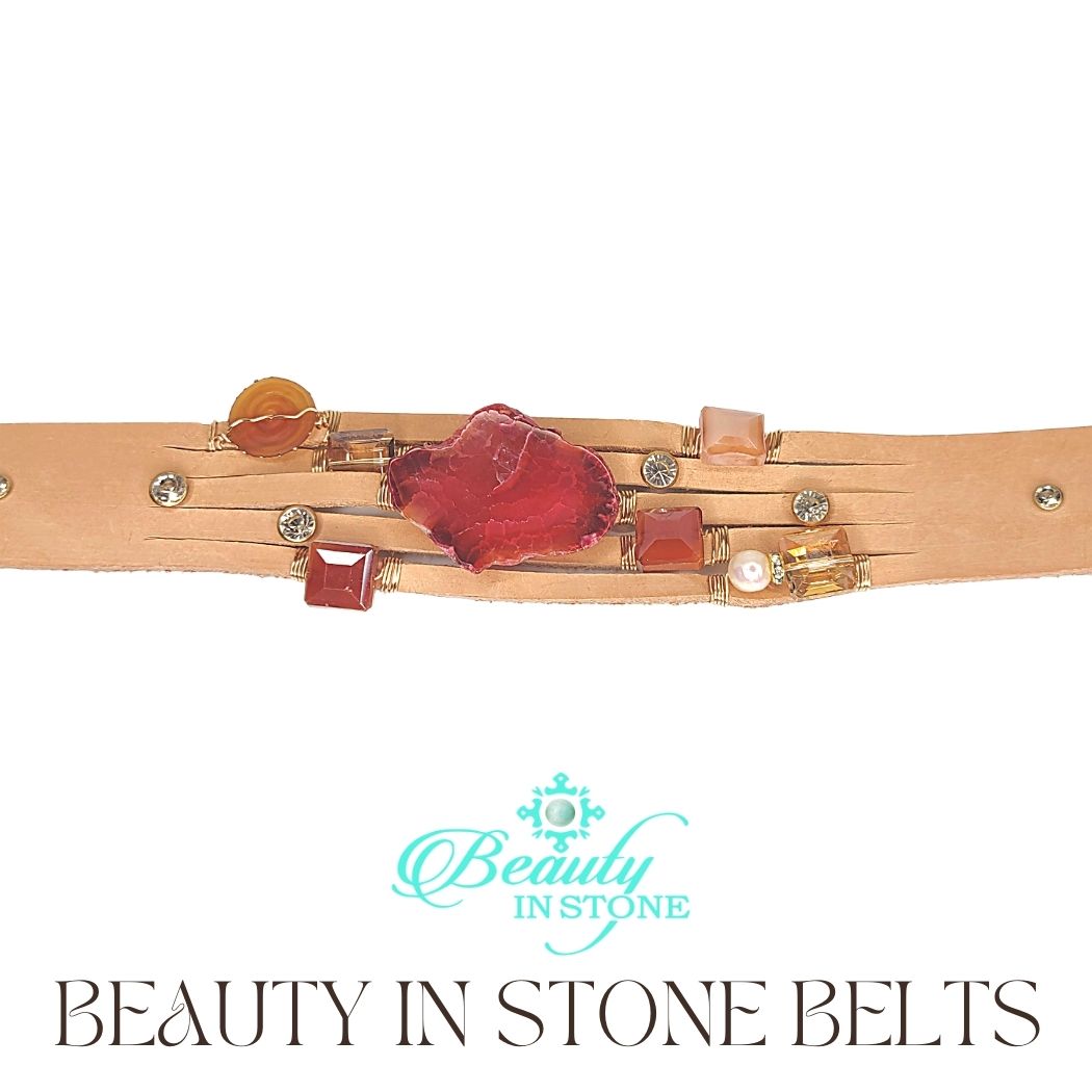 Handmade Leather Belt With Rhinestones, Gemstone, Pink Agate, Beauty In Stone Jewelry at $199