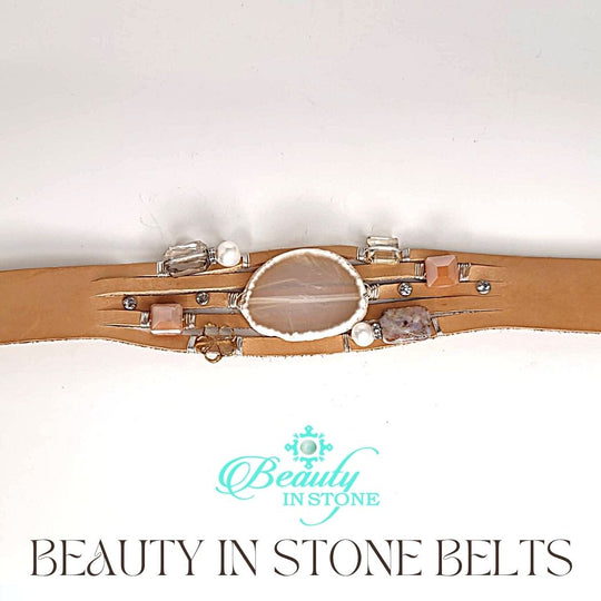 Handmade Leather Belt With Rhinestones, Gemstones, White Agate, Beauty In Stone Jewelry at $199