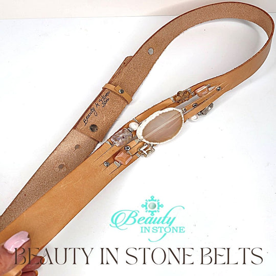 Handmade Leather Belt With Rhinestones, Gemstones, White Agate, Beauty In Stone Jewelry at $199