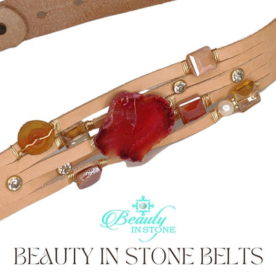 Handmade Leather Belt With Rhinestones, Gemstone, Pink Agate, Beauty In Stone Jewelry at $199