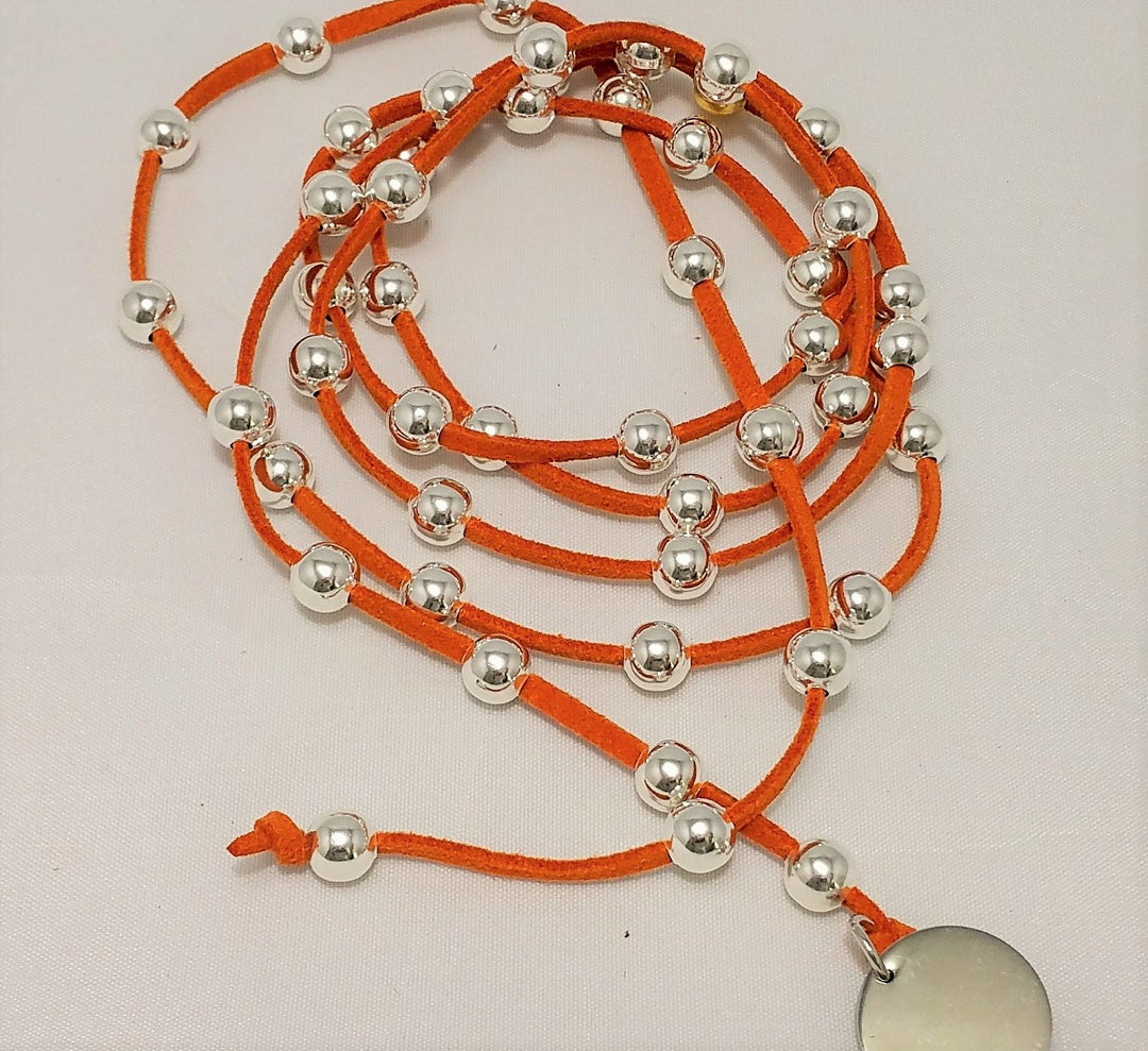 Silver Beaded Lariat on Suede Leather, Beauty In Stone Jewelry at $80