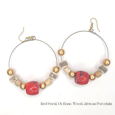 Hoop Earrings Red Coral, Ox Bone, African Porcelain CSI, Beauty In Stone Jewelry at $49