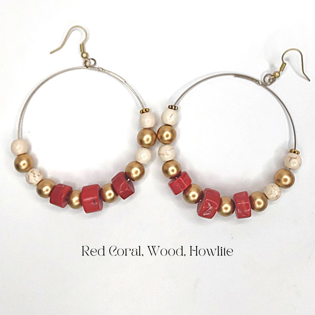 Hoop Earrings Red Coral, Wood, Howlite, Beauty In Stone Jewelry at $49