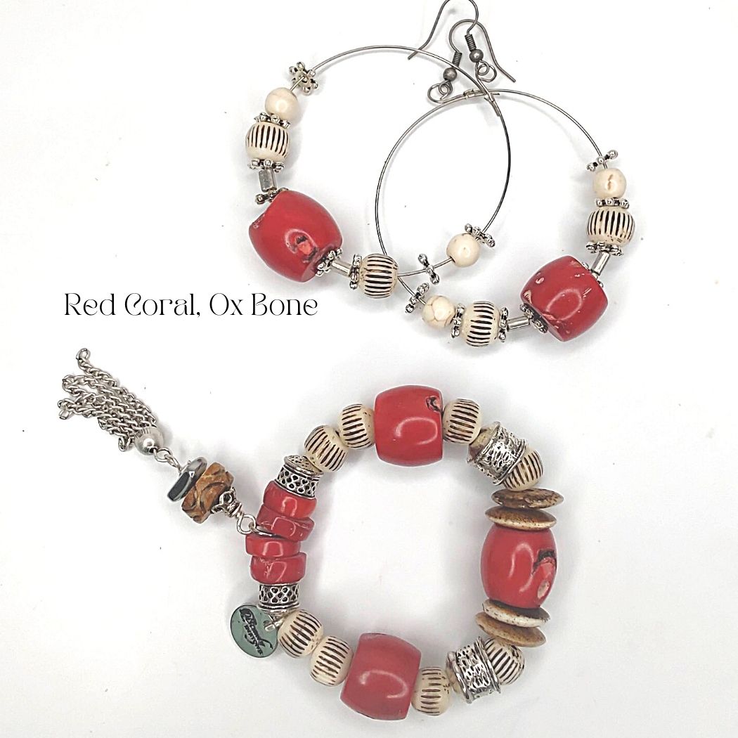 Beauty in Stone Jewelry Hoop Earrings Red Coral Ox Bone Howlite