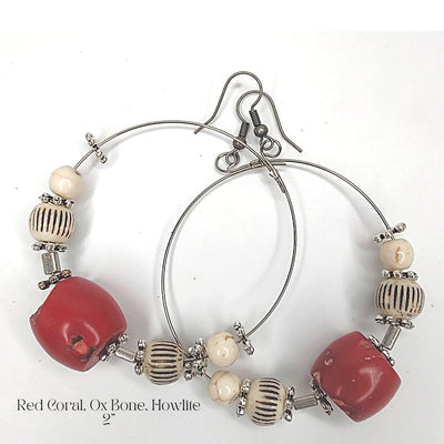 Hoop Earrings Red Coral, Ox Bone, Howlite, Beauty In Stone Jewelry at $49