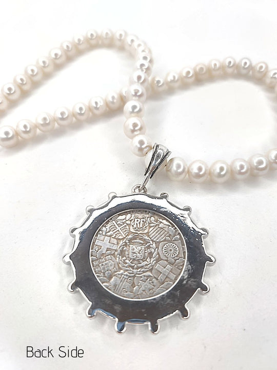 French Coin Pendant Necklace With Pearl Bezel, Beauty In Stone Jewelry at $169