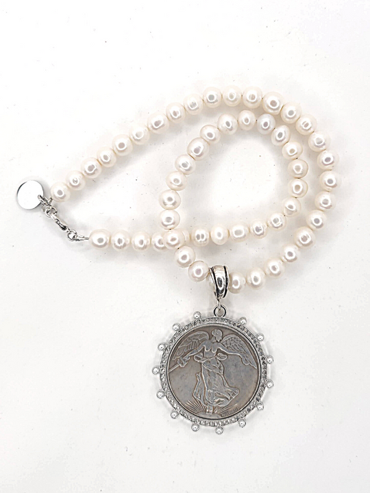 French Coin Pendant Necklace With Pearl Bezel, Beauty In Stone Jewelry at $169