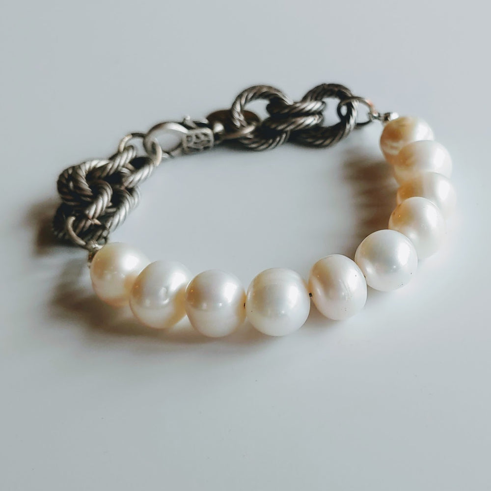 Pearl & Silver Twisted Link Bracelet, Beauty In Stone Jewelry at $99