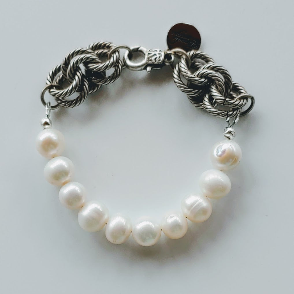 Pearl & Silver Twisted Link Bracelet, Beauty In Stone Jewelry at $99