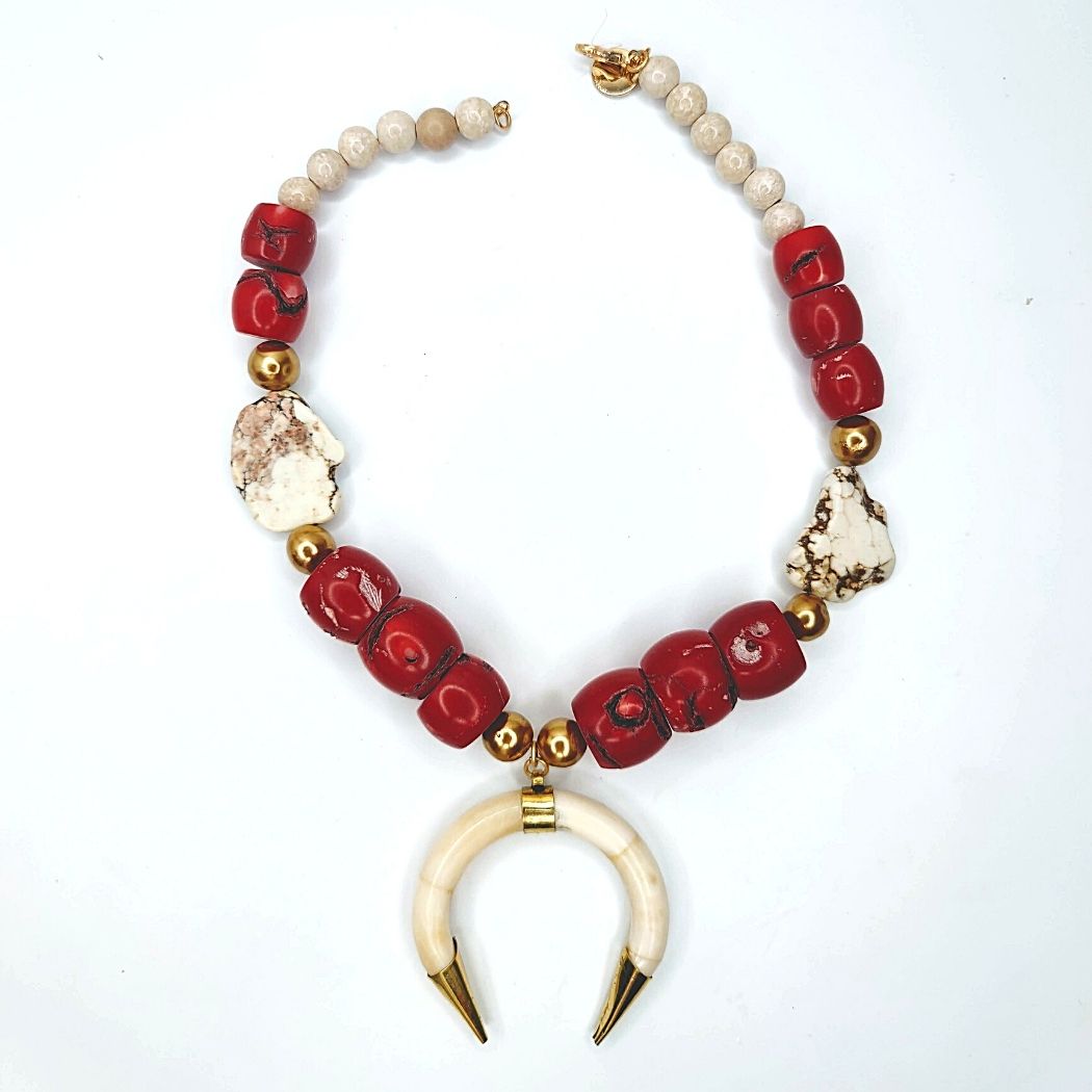 Red Coral and Ox Bone Necklace