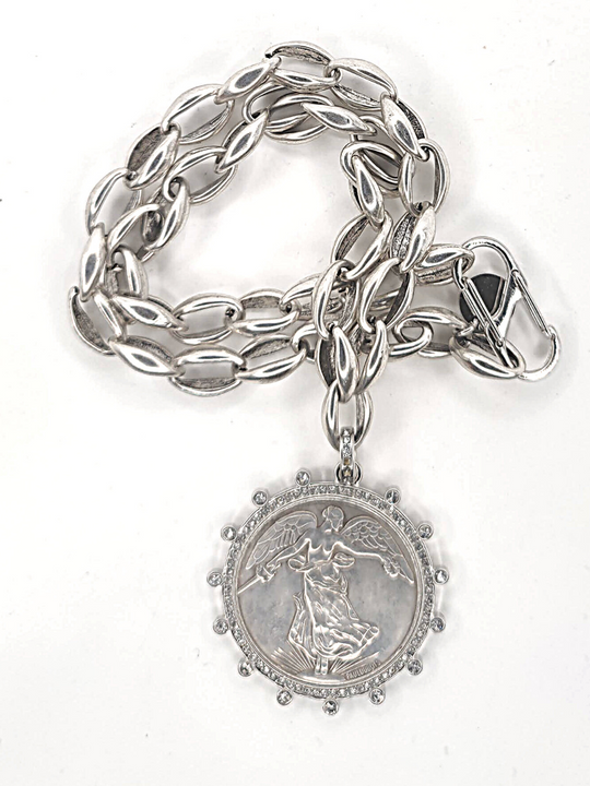 French Coin Pendant Necklace With Rhinestone Bezel Setting, Beauty In Stone Jewelry at $150