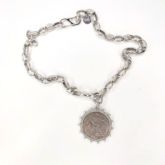 French Coin Pendant Necklace With Pearl Bezel Setting, Beauty In Stone Jewelry at $120