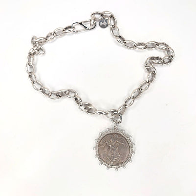 French Coin Pendant Necklace With Pearl Bezel Setting, Beauty In Stone Jewelry at $120