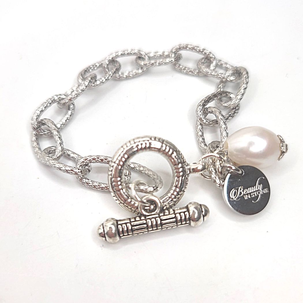 Stainless Steel Chain Link Bracelet With Pearl, Beauty In Stone Jewelry at $49