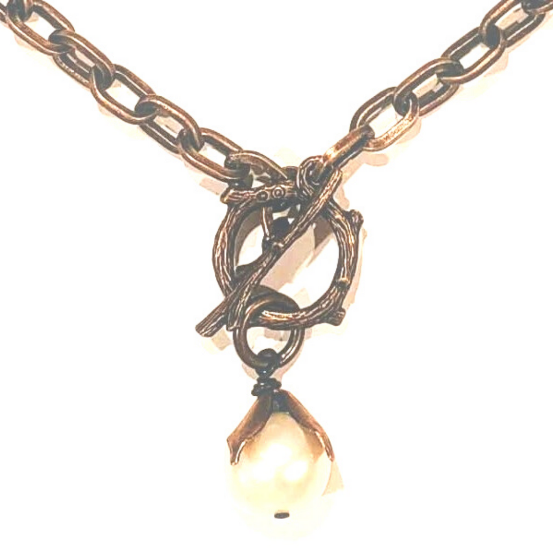 Single Pearl Toggle Front Necklace With Antique Bronze Chain, Beauty In Stone Jewelry at $69