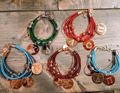 Sorority Leather Bracelet With Greek Letter Engraved Charms, Beauty In Stone Jewlery at $99