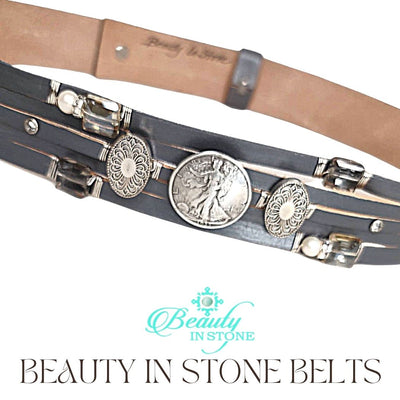 Handmade Leather Belt With Rhinestones & Coin, Beauty In Stone Jewelry at $189