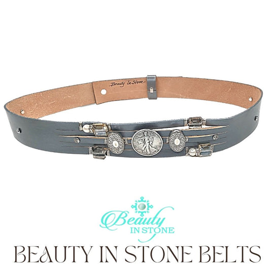 Handmade Leather Belt With Rhinestones & Coin, Beauty In Stone Jewelry at $189