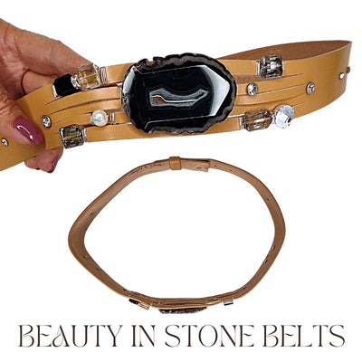 Handmade Leather Belt With Rhinestones, Gemstone, Black Agate, Beauty In Stone Jewelry at $199