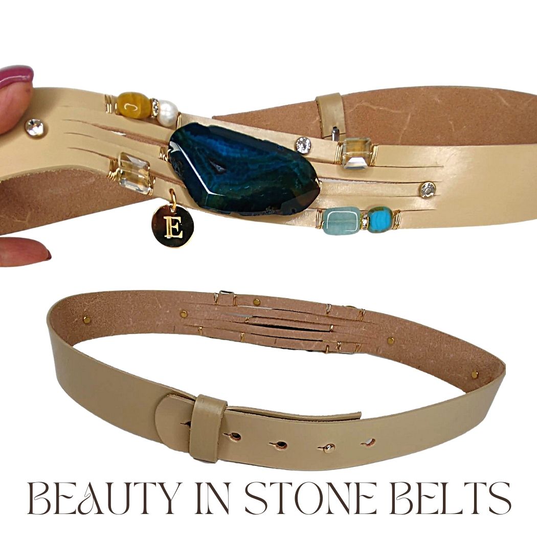 Handmade Leather Belt With Rhinestones, Gemstones, Blue Agate, Beauty In Stone Jewelry at $199