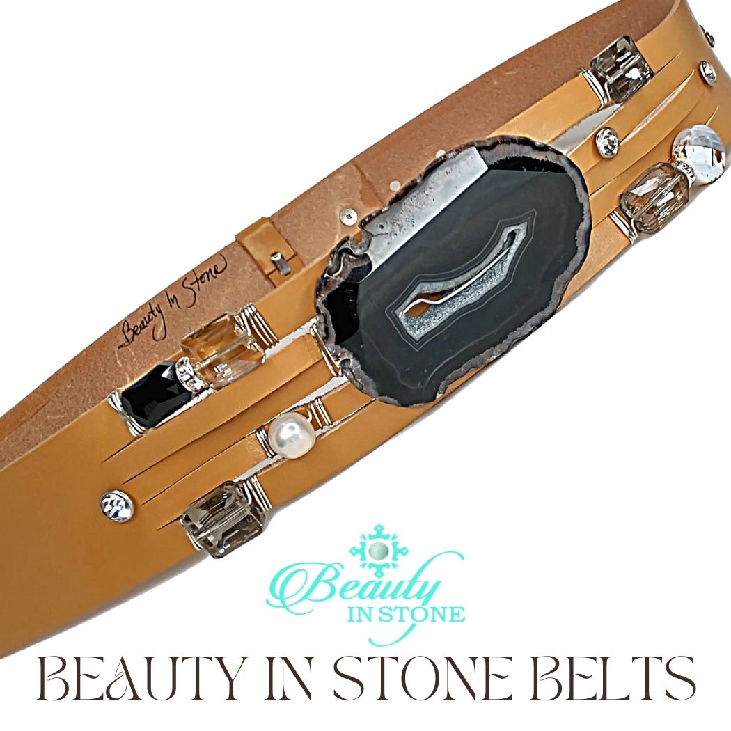 Handmade Leather Belt With Rhinestones, Gemstone, Black Agate, Beauty In Stone Jewelry at $199