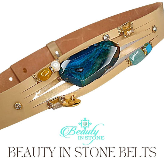 Handmade Leather Belt With Rhinestones, Gemstones, Blue Agate, Beauty In Stone Jewelry at $199