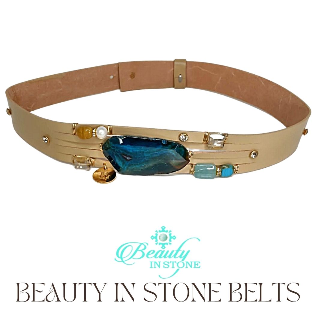 Handmade Leather Belt With Rhinestones, Gemstones, Blue Agate, Beauty In Stone Jewelry at $199