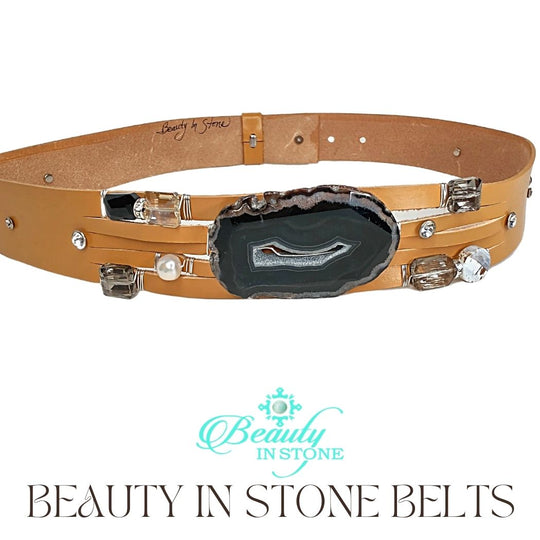 Handmade Leather Belt With Rhinestones, Gemstone, Black Agate, Beauty In Stone Jewelry at $199