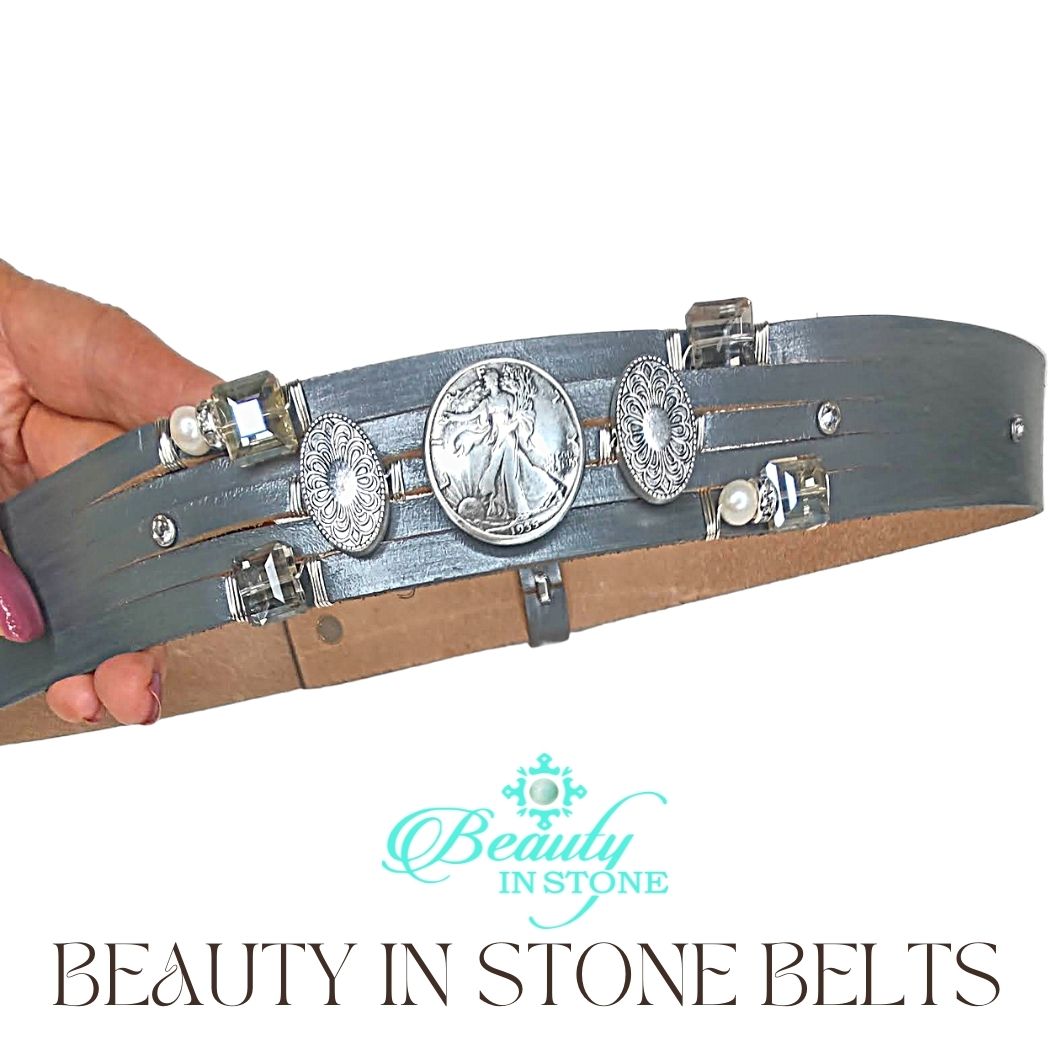 Handmade Leather Belt With Rhinestones & Coin, Beauty In Stone Jewelry at $189