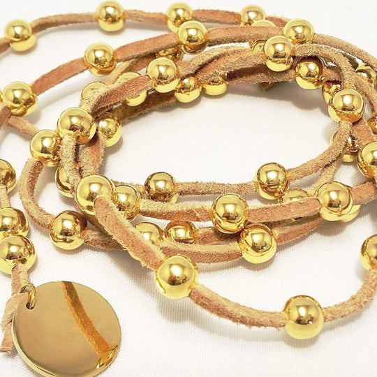 Gold Beaded Lariat Necklace On Suede Leather, Beauty In Stone Jewelry at $80