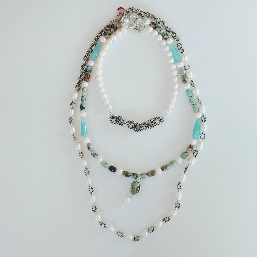 Blue Agate Gemstone & Pearl Necklace, Beauty In Stone Jewelry at $149