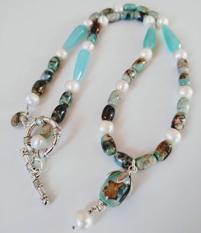 Blue Agate Gemstone & Pearl Necklace, Beauty In Stone Jewelry at $149