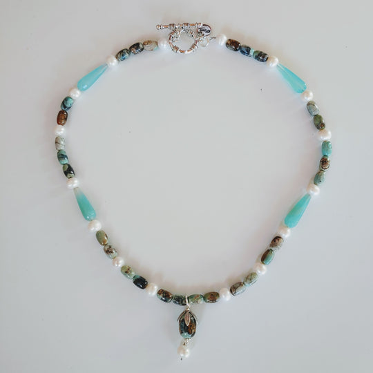 Blue Agate Gemstone & Pearl Necklace, Beauty In Stone Jewelry at $149