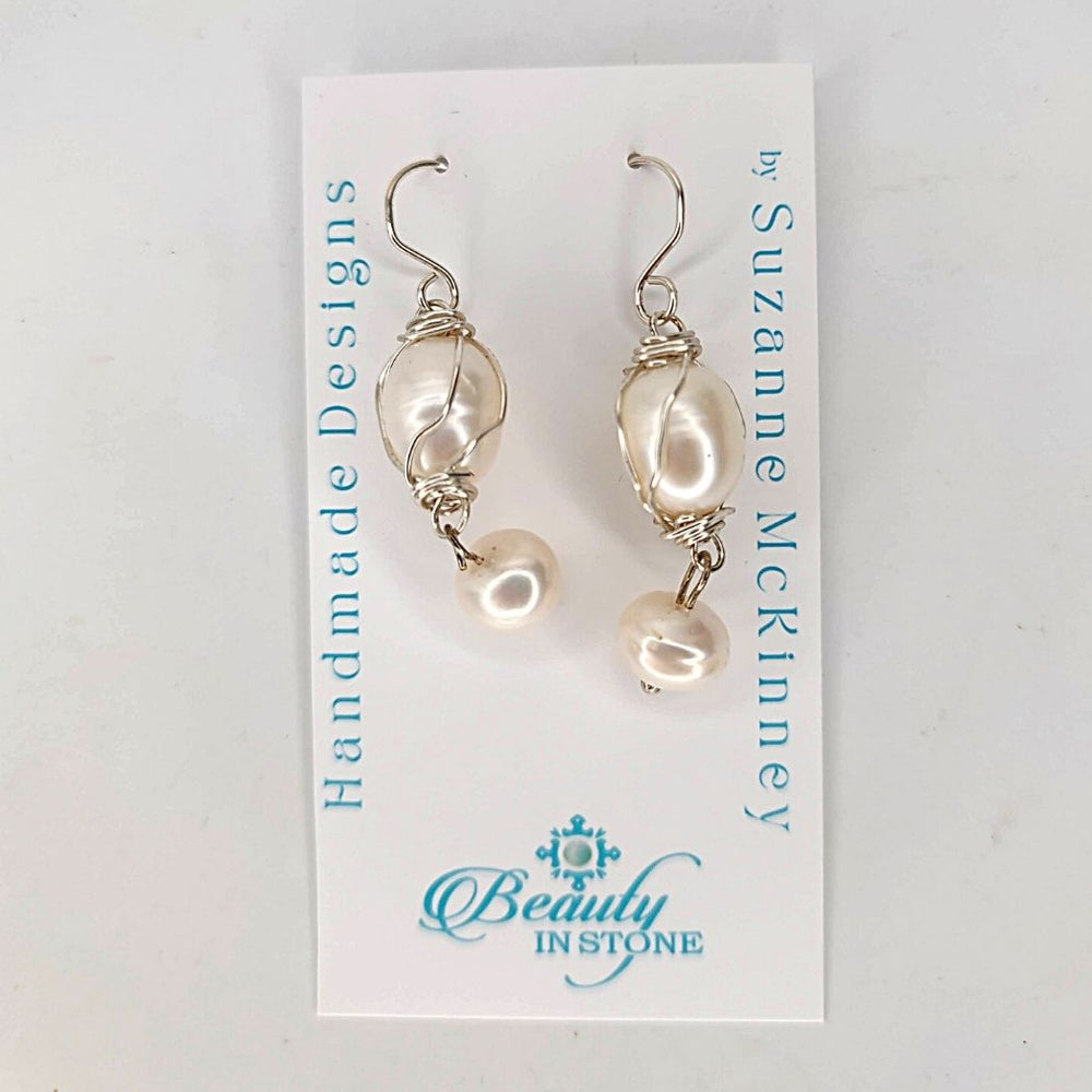 Silver Wrapped Double Pearl Earring, Beauty In Stone Jewelry at $49