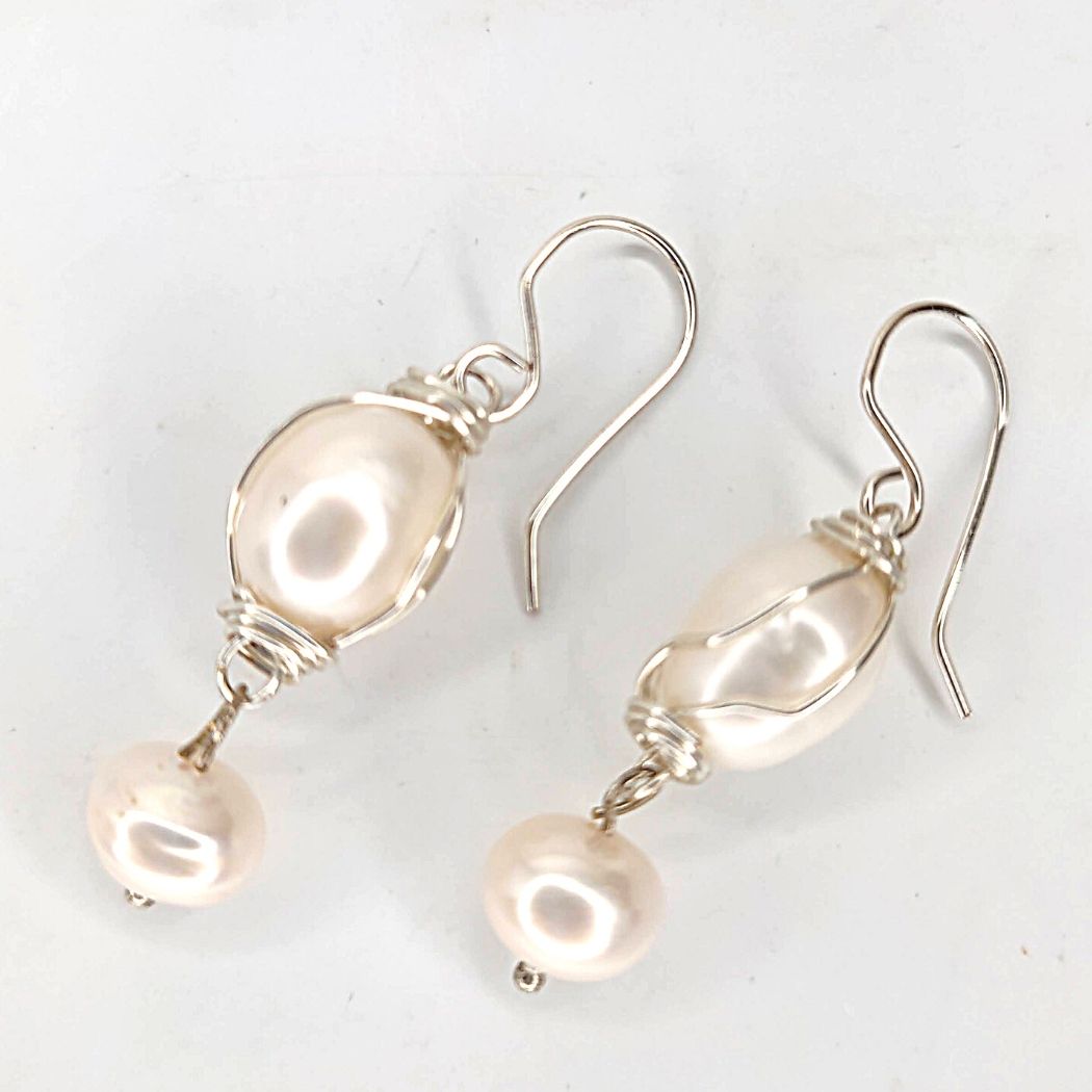 Silver Wrapped Double Pearl Earring, Beauty In Stone Jewelry at $49