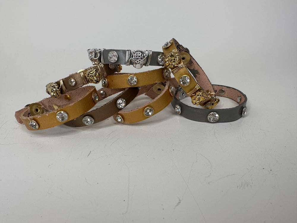 Leather Bangle Bracelet with Rhinestones